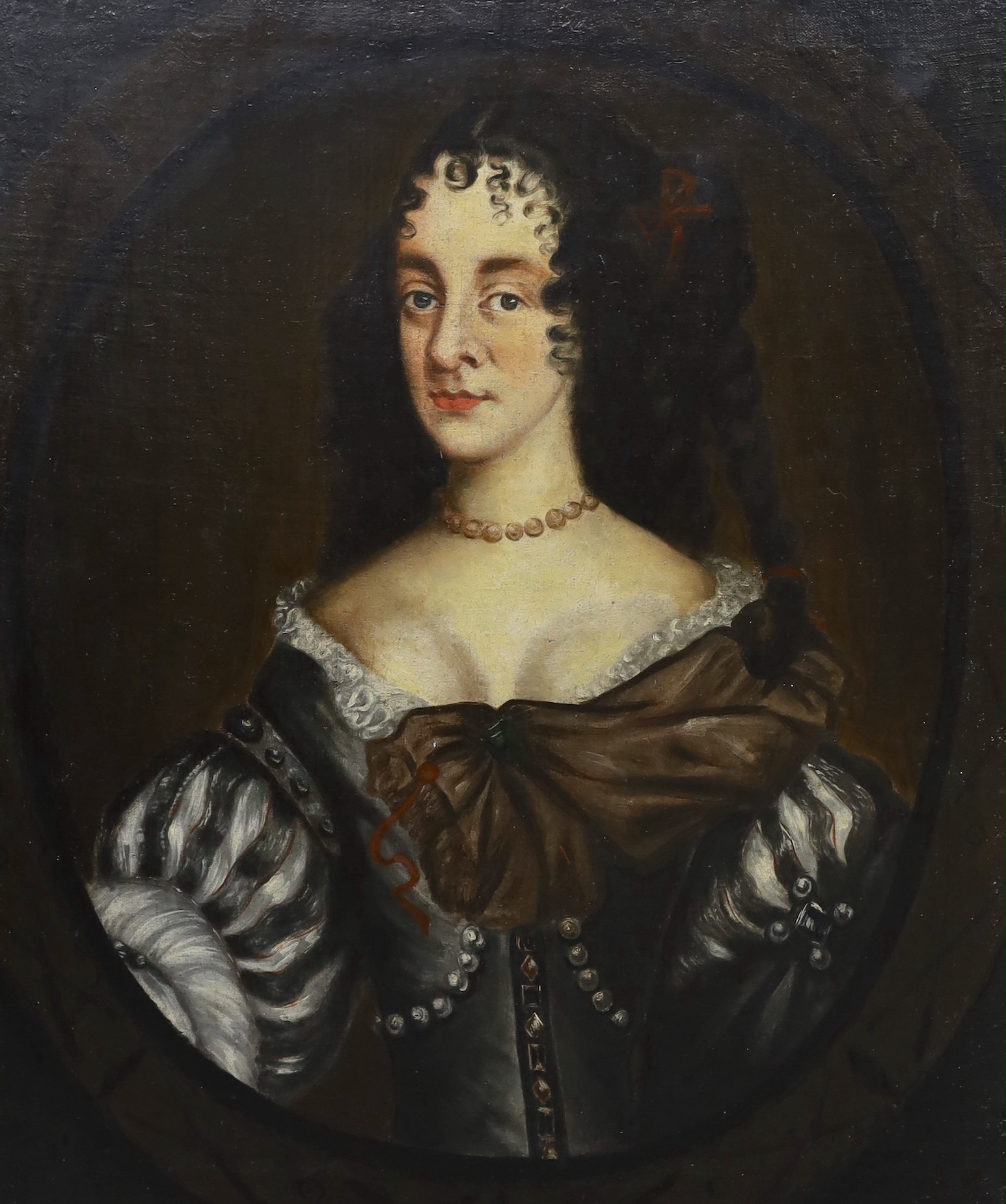 17th century English School, oil on canvas, Portrait of a lady thought to be Henrietta Maria, 78 x 66cm